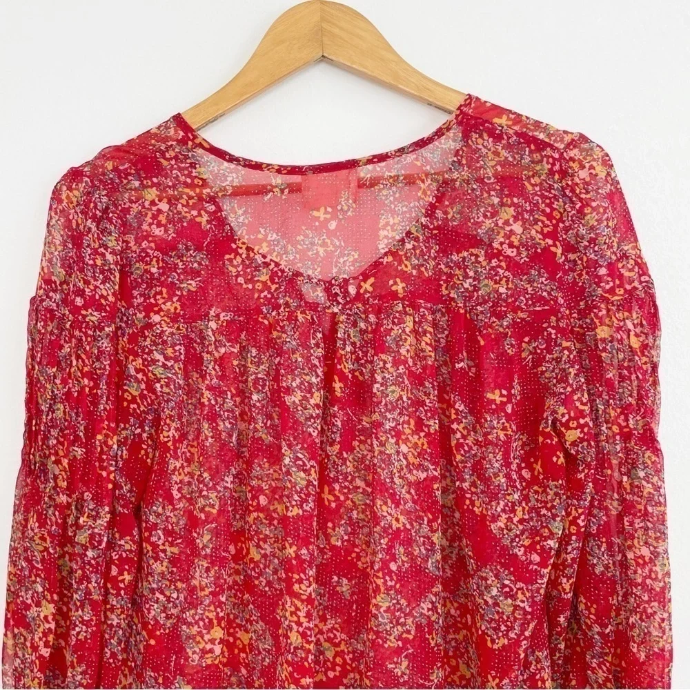 Anthropologie Pins & Needles Boho Red Floral Semi Sheer Long Sleeve Casual Top S - Picture 10 of 15